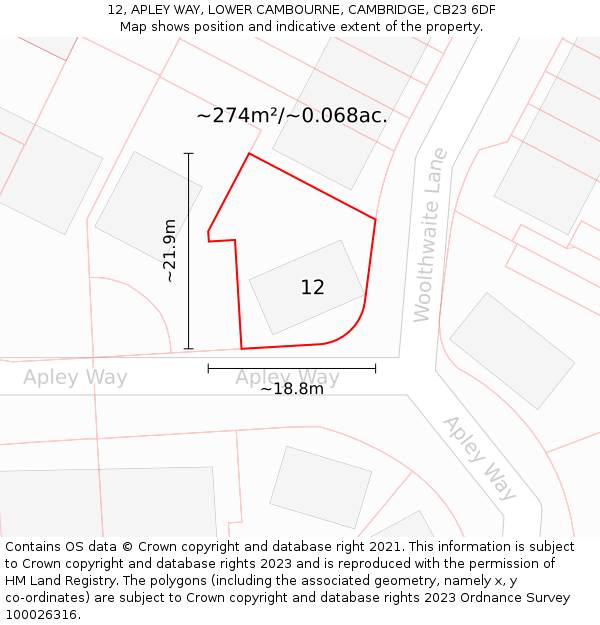 12, APLEY WAY, LOWER CAMBOURNE, CAMBRIDGE, CB23 6DF: Plot and title map