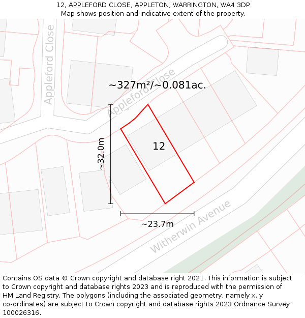 12, APPLEFORD CLOSE, APPLETON, WARRINGTON, WA4 3DP: Plot and title map