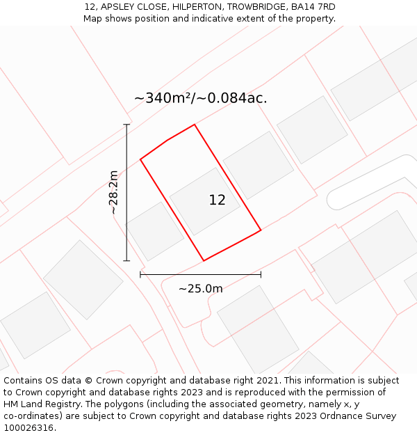 12, APSLEY CLOSE, HILPERTON, TROWBRIDGE, BA14 7RD: Plot and title map