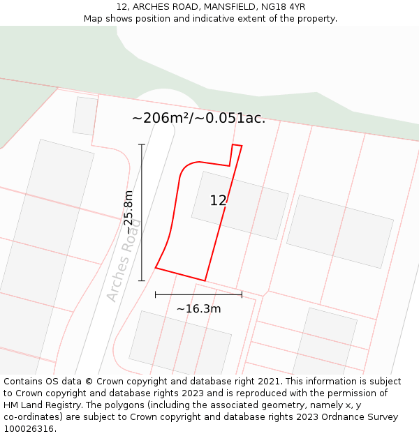 12, ARCHES ROAD, MANSFIELD, NG18 4YR: Plot and title map