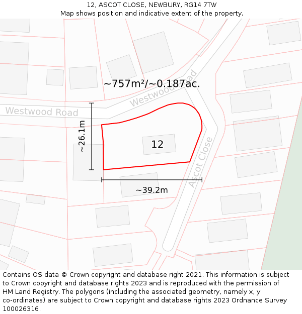 12, ASCOT CLOSE, NEWBURY, RG14 7TW: Plot and title map
