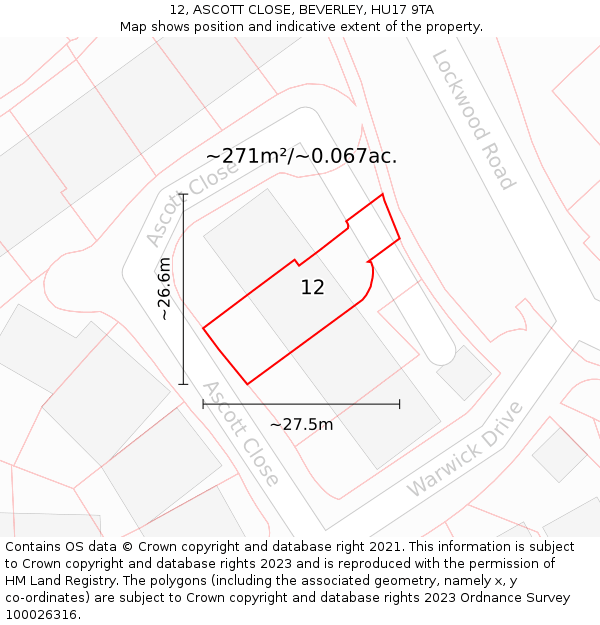 12, ASCOTT CLOSE, BEVERLEY, HU17 9TA: Plot and title map