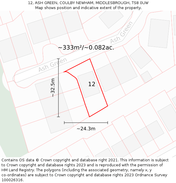 12, ASH GREEN, COULBY NEWHAM, MIDDLESBROUGH, TS8 0UW: Plot and title map