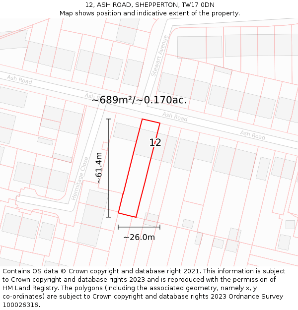 12, ASH ROAD, SHEPPERTON, TW17 0DN: Plot and title map