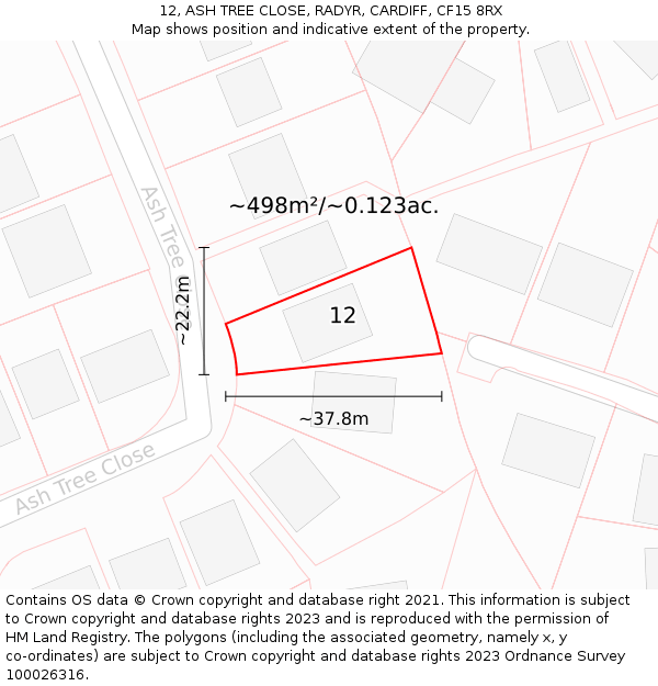 12, ASH TREE CLOSE, RADYR, CARDIFF, CF15 8RX: Plot and title map