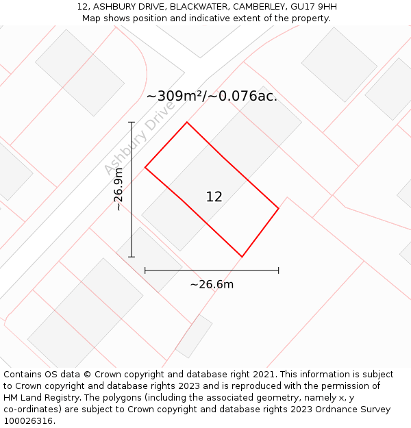 12, ASHBURY DRIVE, BLACKWATER, CAMBERLEY, GU17 9HH: Plot and title map