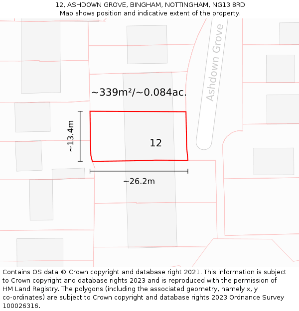 12, ASHDOWN GROVE, BINGHAM, NOTTINGHAM, NG13 8RD: Plot and title map