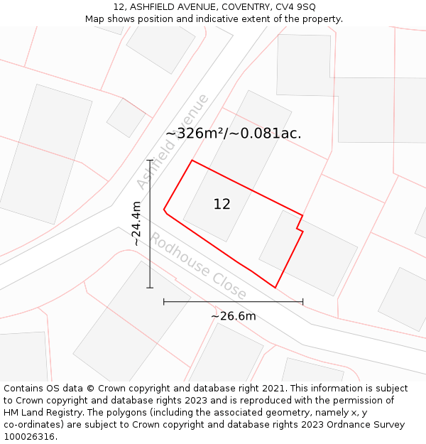 12, ASHFIELD AVENUE, COVENTRY, CV4 9SQ: Plot and title map