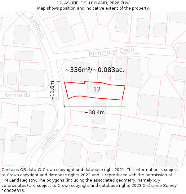 12, ASHFIELDS, LEYLAND, PR26 7UW: Plot and title map