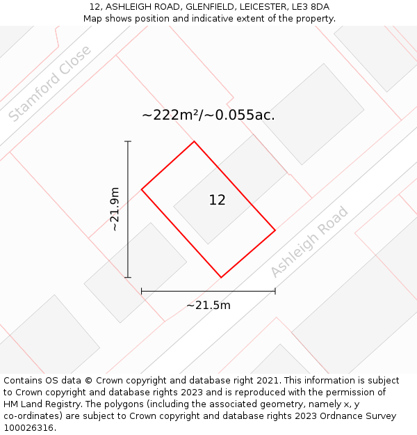 12, ASHLEIGH ROAD, GLENFIELD, LEICESTER, LE3 8DA: Plot and title map