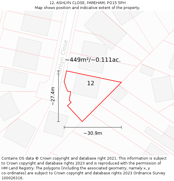 12, ASHLYN CLOSE, FAREHAM, PO15 5PH: Plot and title map