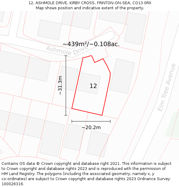 12, ASHMOLE DRIVE, KIRBY CROSS, FRINTON-ON-SEA, CO13 0RX: Plot and title map