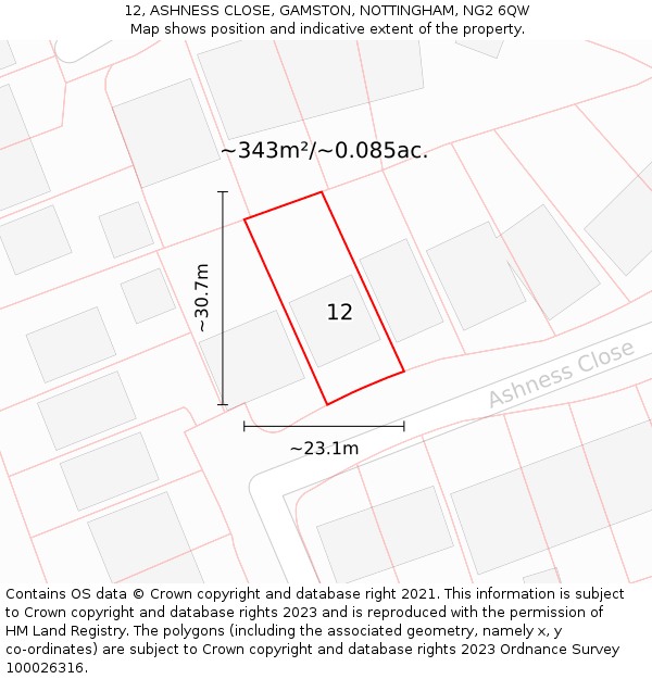 12, ASHNESS CLOSE, GAMSTON, NOTTINGHAM, NG2 6QW: Plot and title map