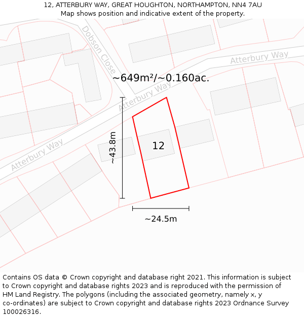 12, ATTERBURY WAY, GREAT HOUGHTON, NORTHAMPTON, NN4 7AU: Plot and title map