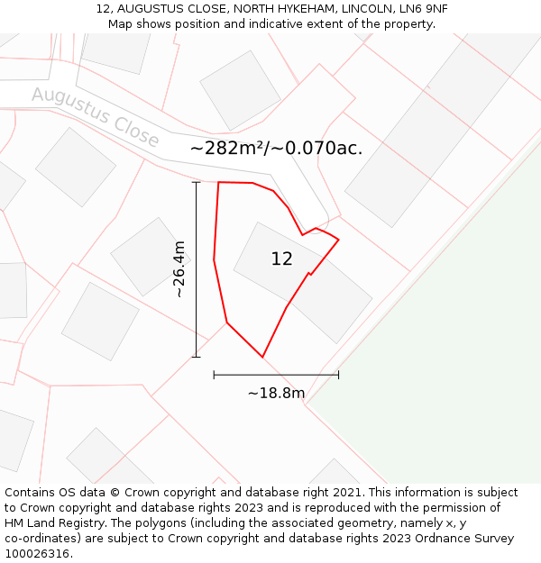 12, AUGUSTUS CLOSE, NORTH HYKEHAM, LINCOLN, LN6 9NF: Plot and title map