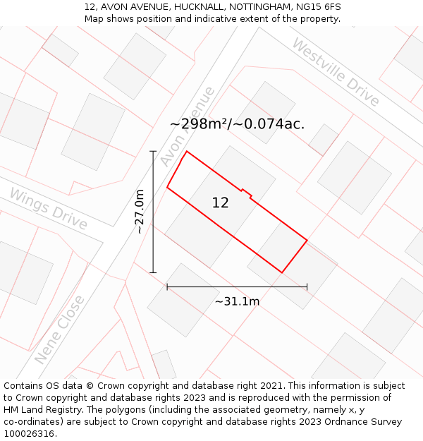 12, AVON AVENUE, HUCKNALL, NOTTINGHAM, NG15 6FS: Plot and title map