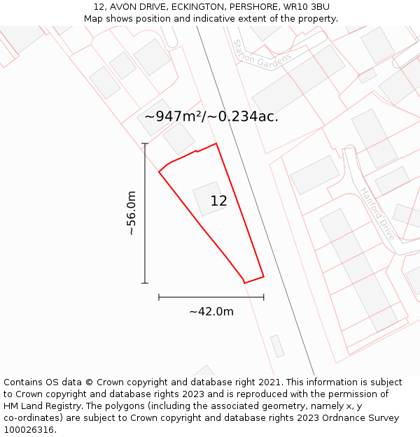 12, AVON DRIVE, ECKINGTON, PERSHORE, WR10 3BU: Plot and title map