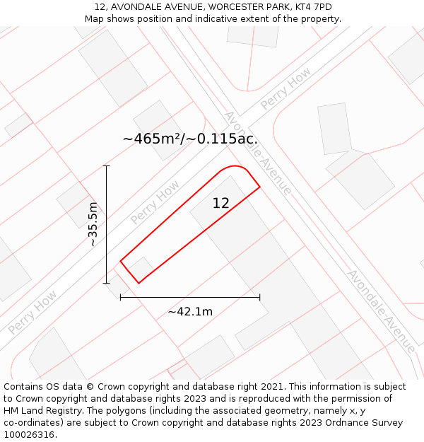 12, AVONDALE AVENUE, WORCESTER PARK, KT4 7PD: Plot and title map