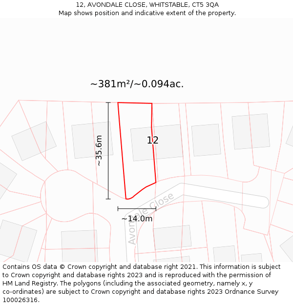 12, AVONDALE CLOSE, WHITSTABLE, CT5 3QA: Plot and title map