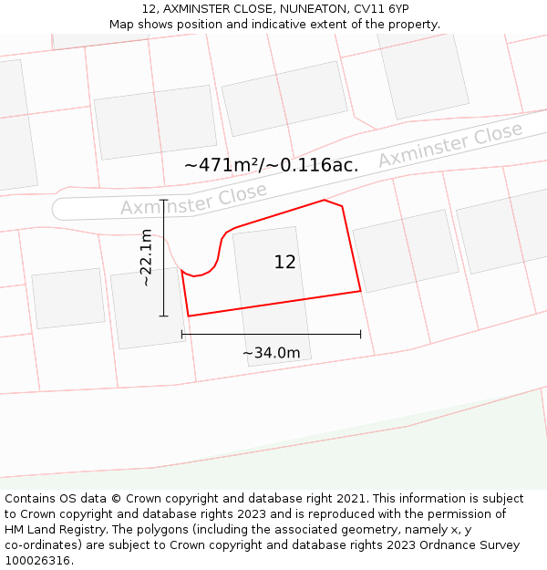 12, AXMINSTER CLOSE, NUNEATON, CV11 6YP: Plot and title map