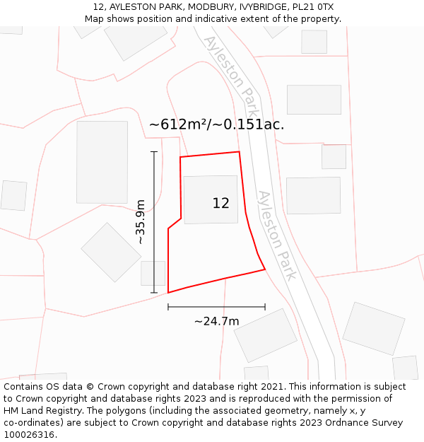 12, AYLESTON PARK, MODBURY, IVYBRIDGE, PL21 0TX: Plot and title map