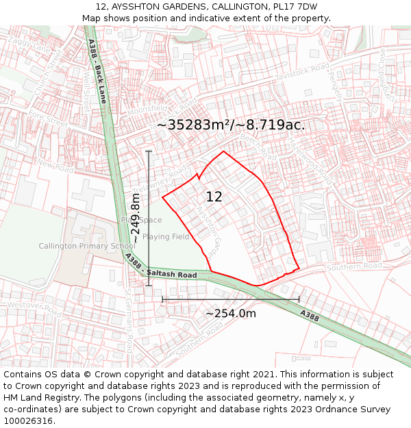 12, AYSSHTON GARDENS, CALLINGTON, PL17 7DW: Plot and title map