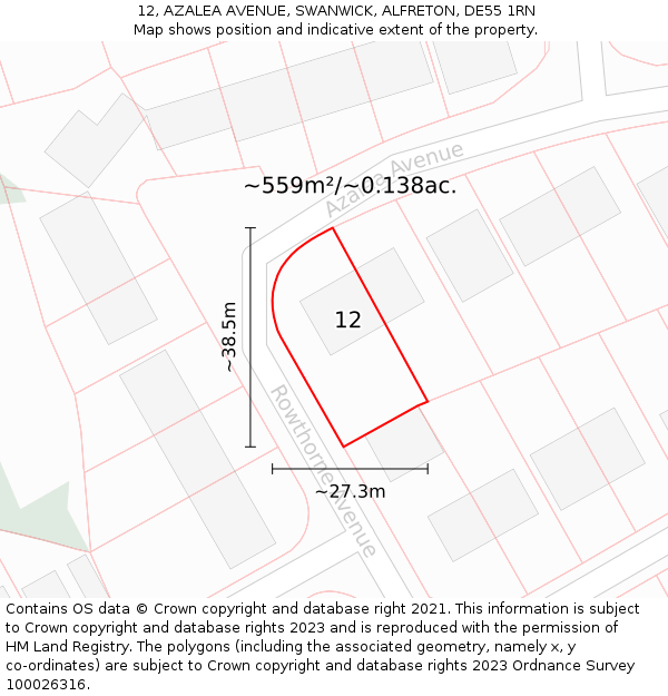 12, AZALEA AVENUE, SWANWICK, ALFRETON, DE55 1RN: Plot and title map