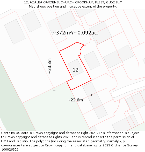 12, AZALEA GARDENS, CHURCH CROOKHAM, FLEET, GU52 8UY: Plot and title map