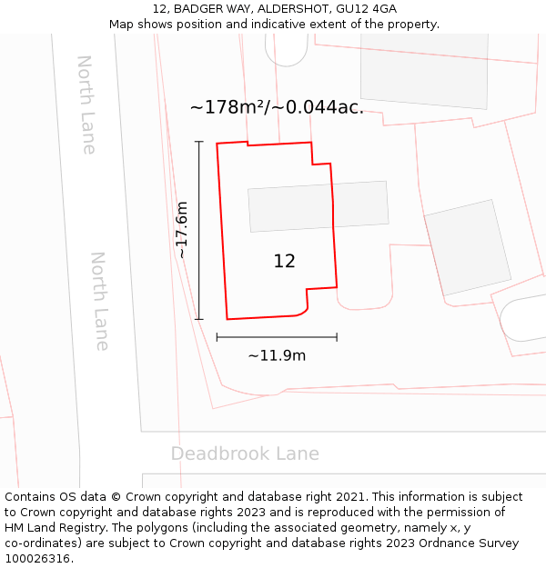 12, BADGER WAY, ALDERSHOT, GU12 4GA: Plot and title map