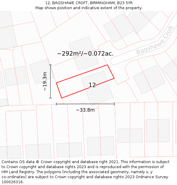 12, BAGSHAWE CROFT, BIRMINGHAM, B23 5YR: Plot and title map