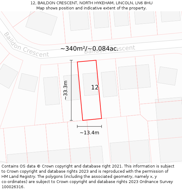 12, BAILDON CRESCENT, NORTH HYKEHAM, LINCOLN, LN6 8HU: Plot and title map