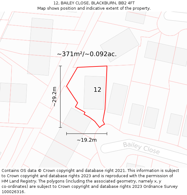 12, BAILEY CLOSE, BLACKBURN, BB2 4FT: Plot and title map