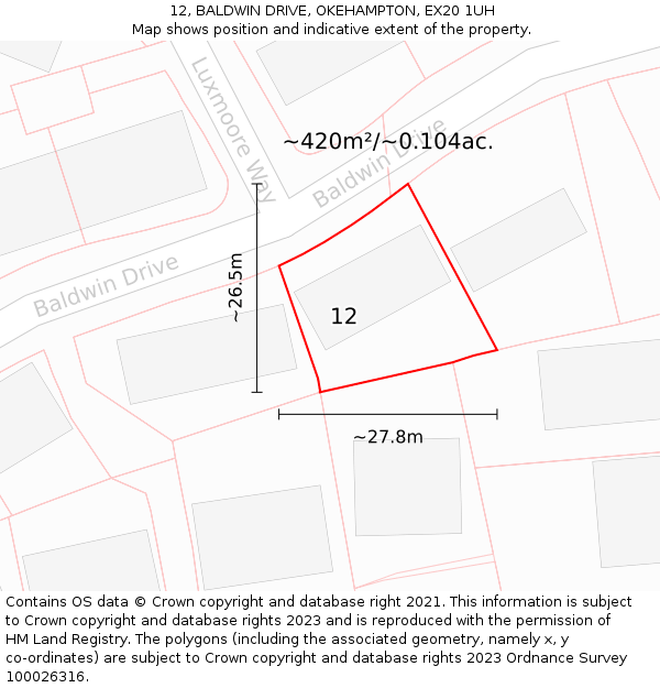 12, BALDWIN DRIVE, OKEHAMPTON, EX20 1UH: Plot and title map