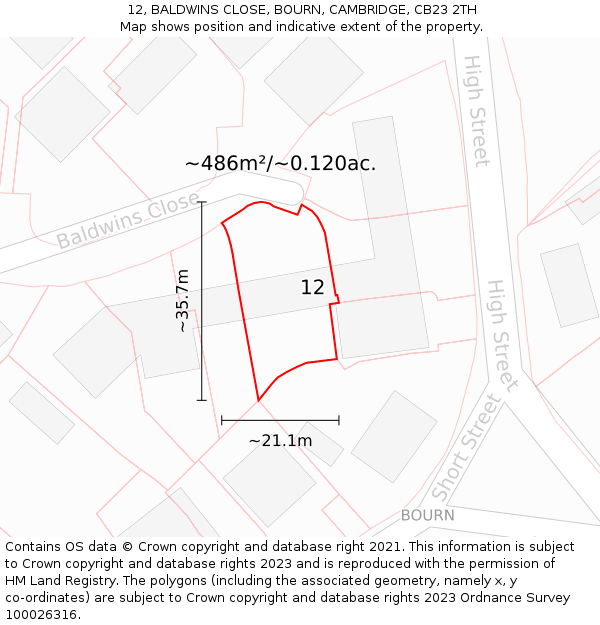 12, BALDWINS CLOSE, BOURN, CAMBRIDGE, CB23 2TH: Plot and title map