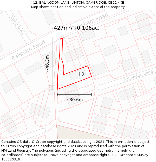 12, BALINGDON LANE, LINTON, CAMBRIDGE, CB21 4XE: Plot and title map