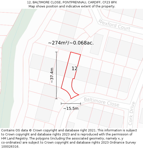 12, BALTIMORE CLOSE, PONTPRENNAU, CARDIFF, CF23 8PX: Plot and title map