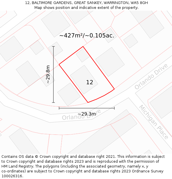 12, BALTIMORE GARDENS, GREAT SANKEY, WARRINGTON, WA5 8GH: Plot and title map