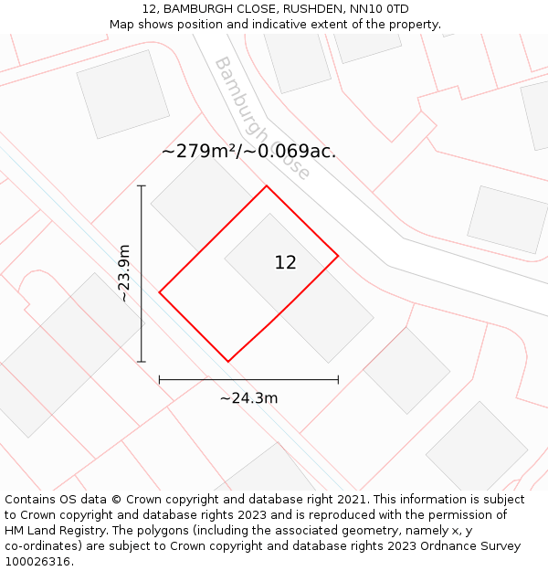 12, BAMBURGH CLOSE, RUSHDEN, NN10 0TD: Plot and title map