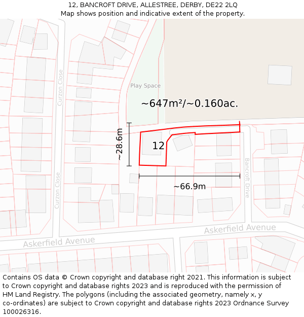 12, BANCROFT DRIVE, ALLESTREE, DERBY, DE22 2LQ: Plot and title map