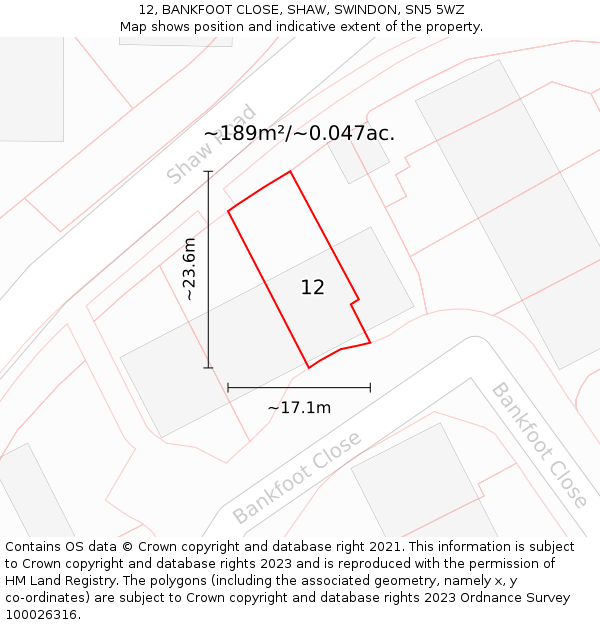 12, BANKFOOT CLOSE, SHAW, SWINDON, SN5 5WZ: Plot and title map