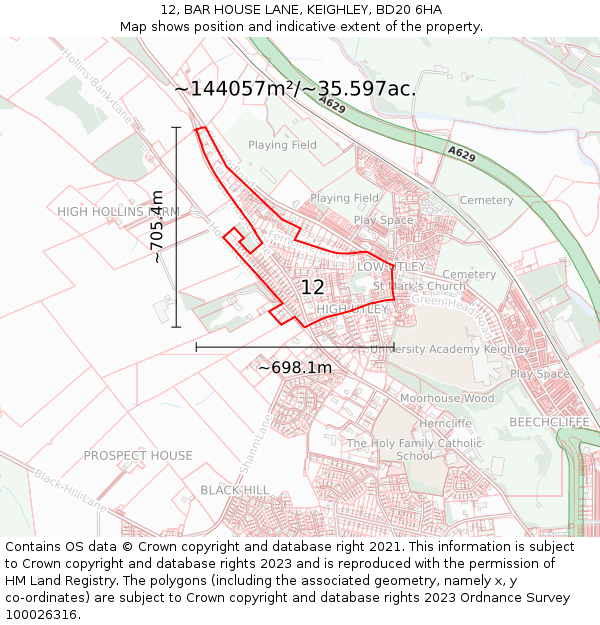 12, BAR HOUSE LANE, KEIGHLEY, BD20 6HA: Plot and title map