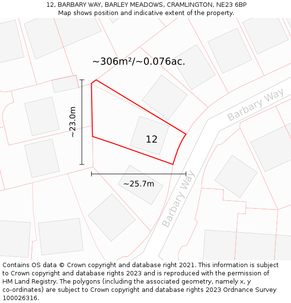 12, BARBARY WAY, BARLEY MEADOWS, CRAMLINGTON, NE23 6BP: Plot and title map