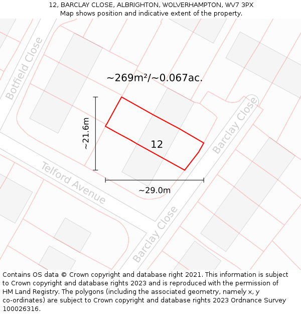 12, BARCLAY CLOSE, ALBRIGHTON, WOLVERHAMPTON, WV7 3PX: Plot and title map