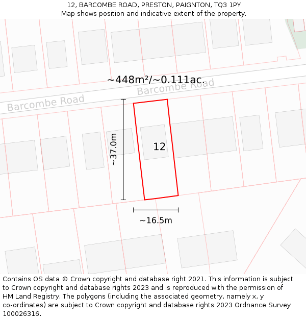 12, BARCOMBE ROAD, PRESTON, PAIGNTON, TQ3 1PY: Plot and title map