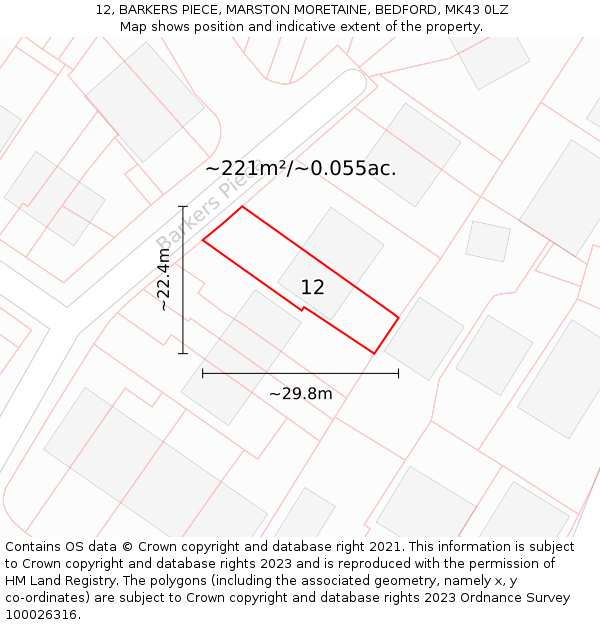12, BARKERS PIECE, MARSTON MORETAINE, BEDFORD, MK43 0LZ: Plot and title map