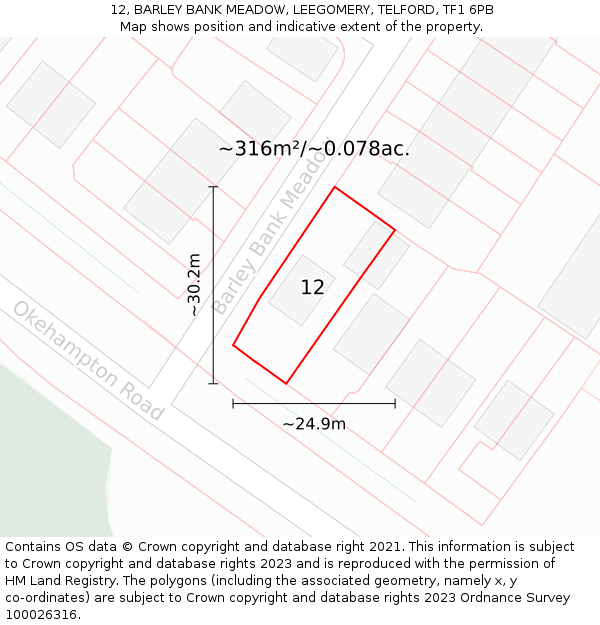 12, BARLEY BANK MEADOW, LEEGOMERY, TELFORD, TF1 6PB: Plot and title map