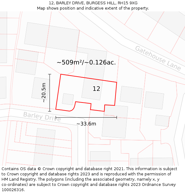 12, BARLEY DRIVE, BURGESS HILL, RH15 9XG: Plot and title map