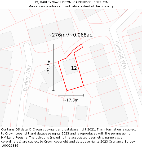 12, BARLEY WAY, LINTON, CAMBRIDGE, CB21 4YN: Plot and title map