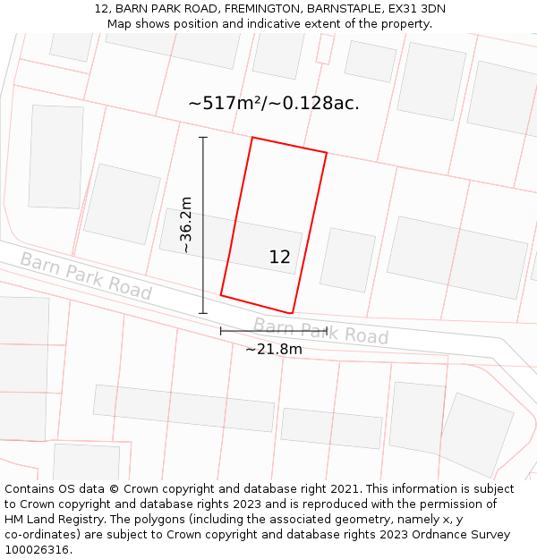 12, BARN PARK ROAD, FREMINGTON, BARNSTAPLE, EX31 3DN: Plot and title map