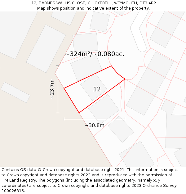 12, BARNES WALLIS CLOSE, CHICKERELL, WEYMOUTH, DT3 4PP: Plot and title map